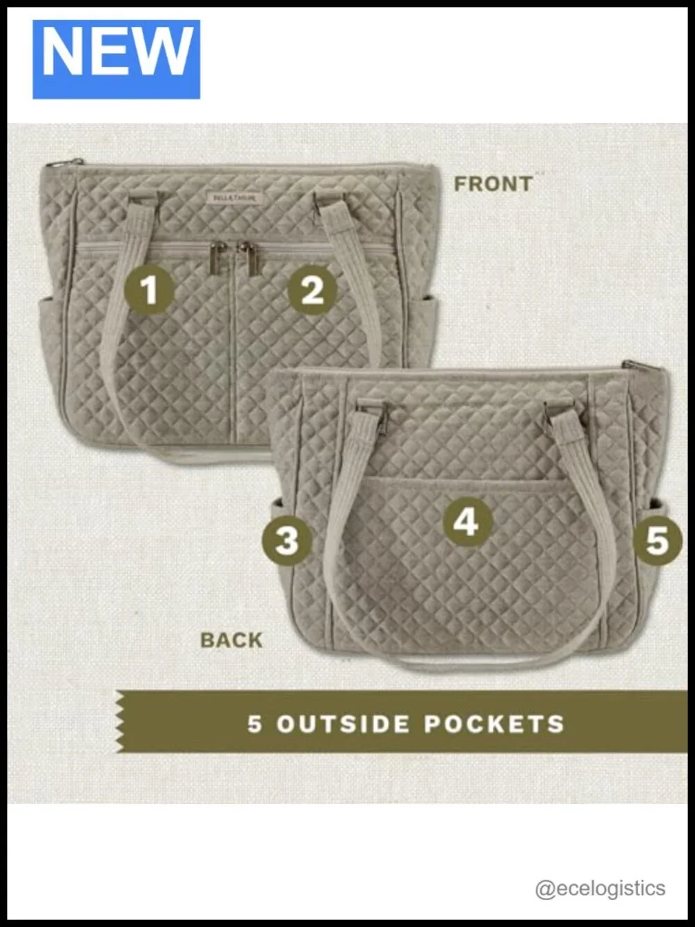 Quilted Cotton Shoulder Tote Bag with 10 Pockets Machine Washable